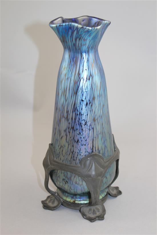 An Art Nouveau Loetz iridescent glass and pewter mounted bottle vase, c.1895, 25cm